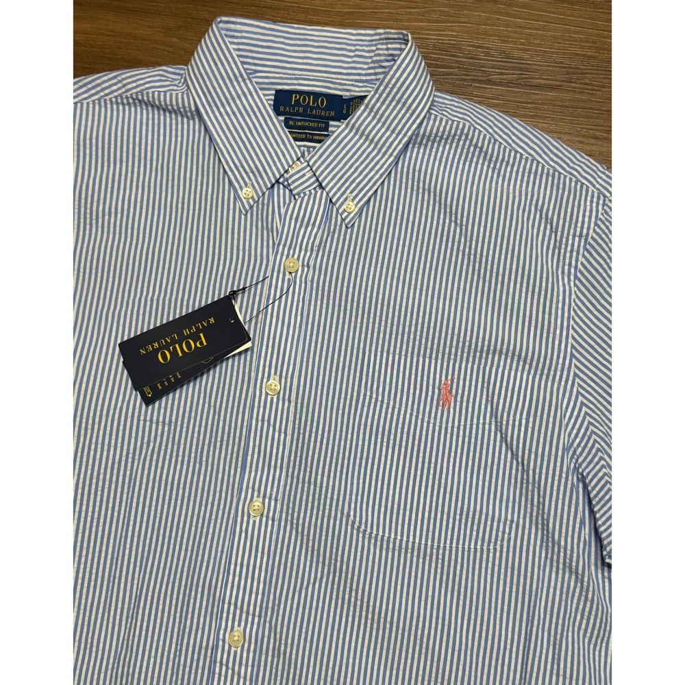 Polo Ralph Lauren Seersucker Shirt Mens Blue White Stripe RL Untucked Fit Sz L